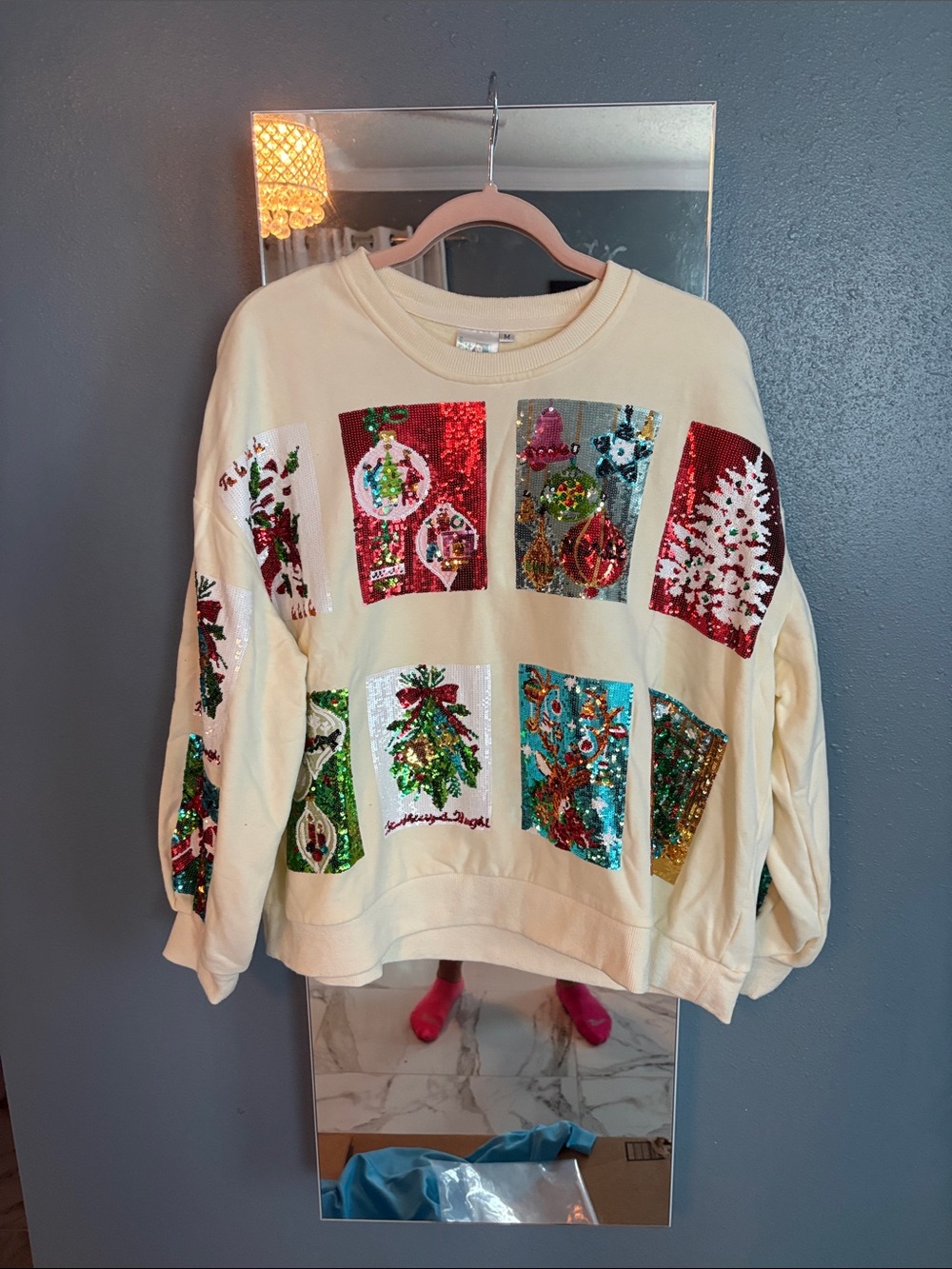 QUEEN OF SPARKLES Cream Sequin Patchwork Holiday Sweatshirt